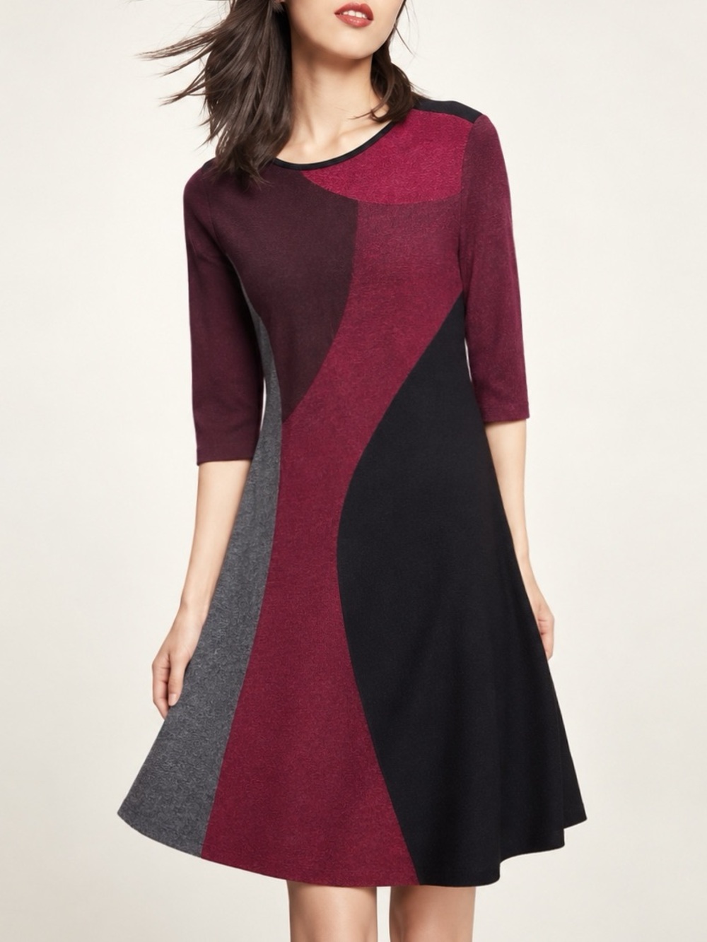 Brand New Nic+Zoe 3/4 Long Sleeve Colorblock Twirl Sweater Dress Burgundy Black